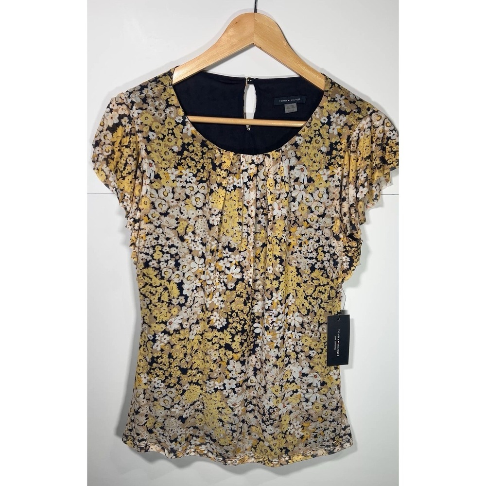 NEW Tommy Hilfiger Blouse Floral tank top Pleated Yellow Shell Suit Separate L